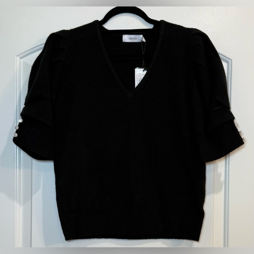 Greylin Scout and Molly’s Black V-Neck Sweater with Pearl Accents